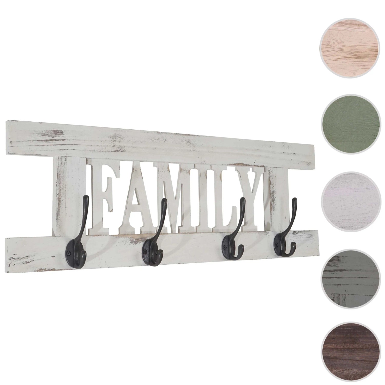 Weiße Wandgarderobe im Shabby-Look mit 4 Haken und "Family" Schriftzug. Garderobenpaneel für Flur und Diele.