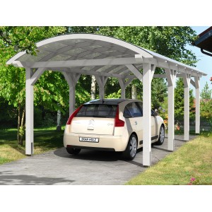 Weißes Skan Holz Bogendach-Carport Franken 376x755 mit Auto. Einzelcarport aus Leimholz mit Doppelstegplatten.