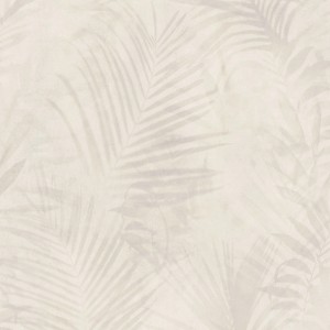 Beige Vliestapete mit Palmenblätter Design in Wasserfarben Optik für Schlafzimmer.