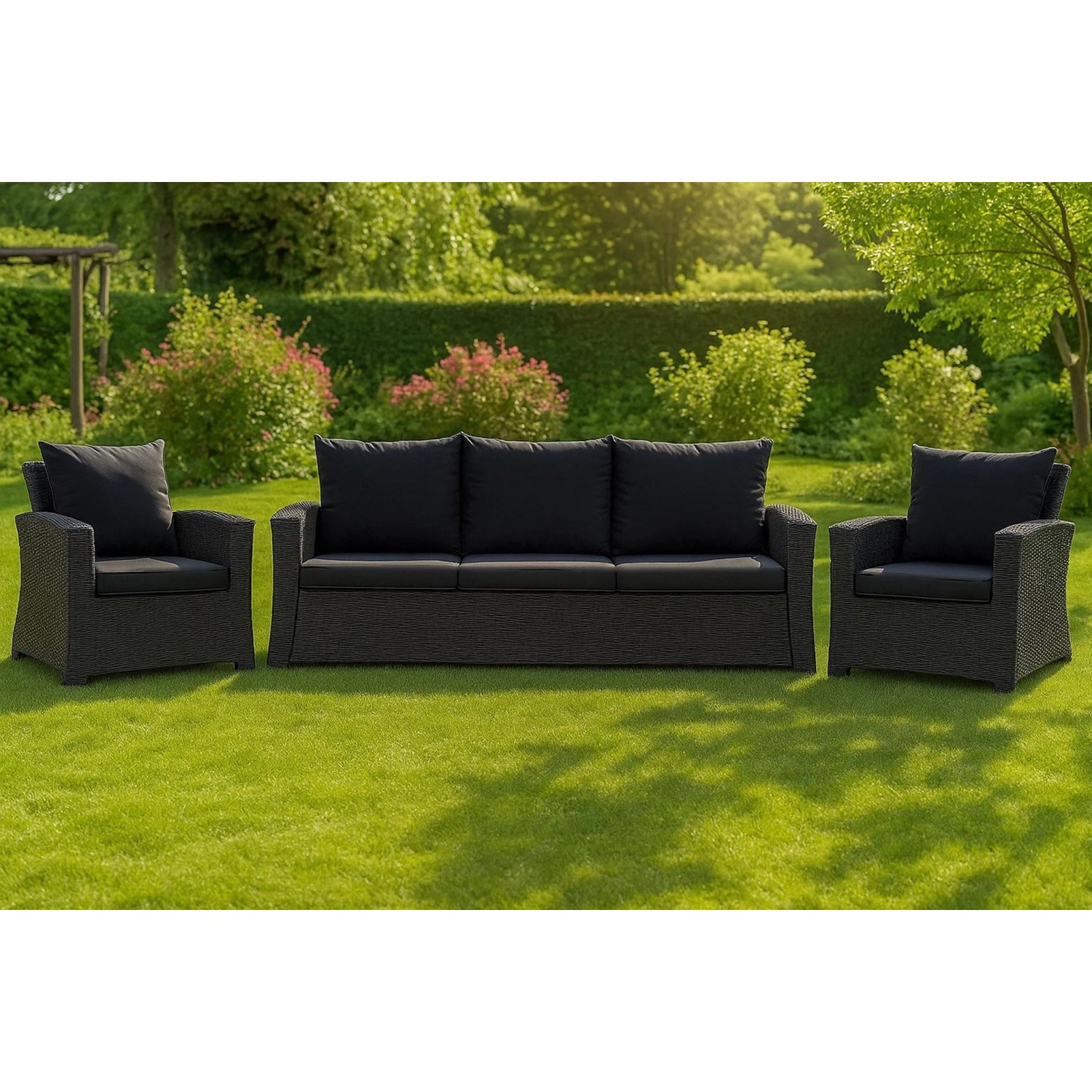 Setgarden Komfort Set: Gartenlounge mit anthrazitfarbenen Technorattan Kissen für Sofa (100x60 cm) und Sessel.