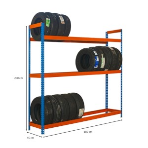Blau-oranges Reifenregal mit 3 Ebenen und Reifen. Ideal für Werkstatt und Garage.