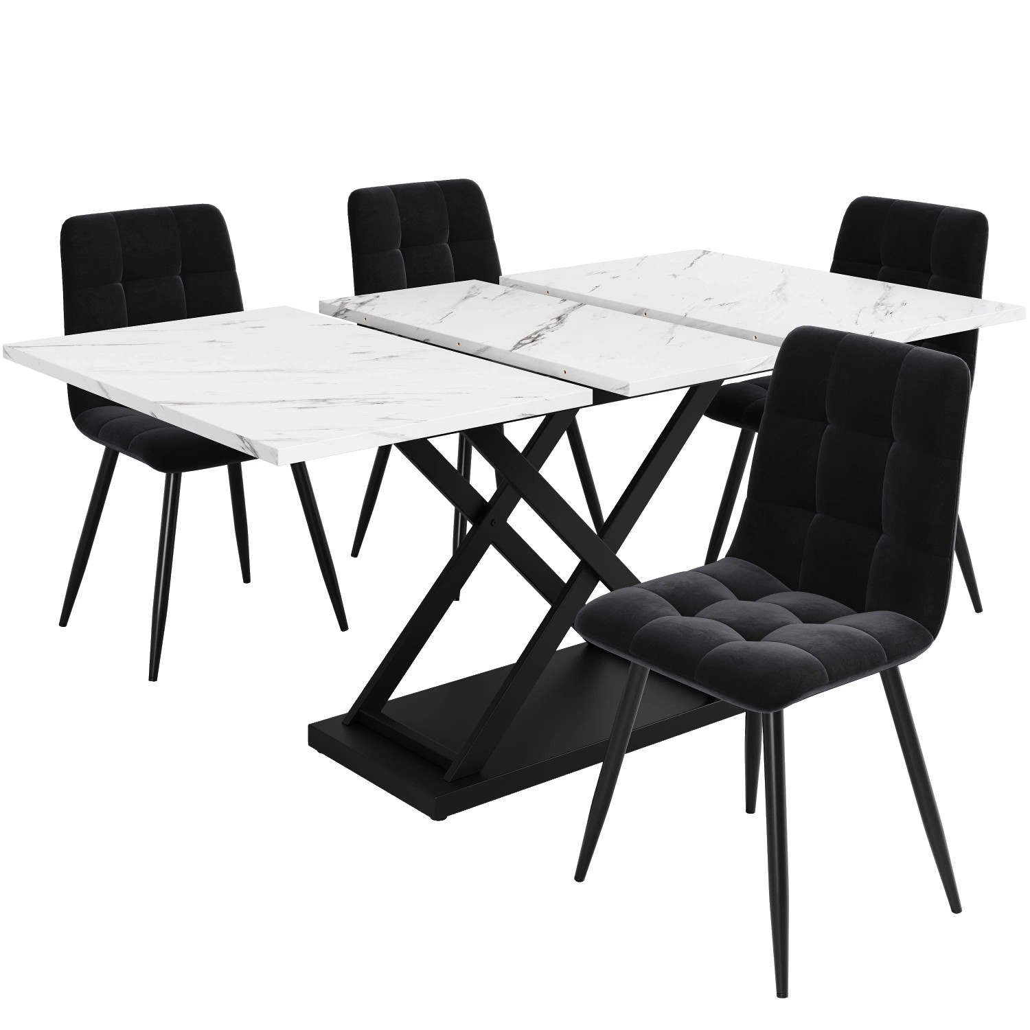 Merax Essgruppe 5Teilig 160x80 Weiß Marmor Schwarz Samt
