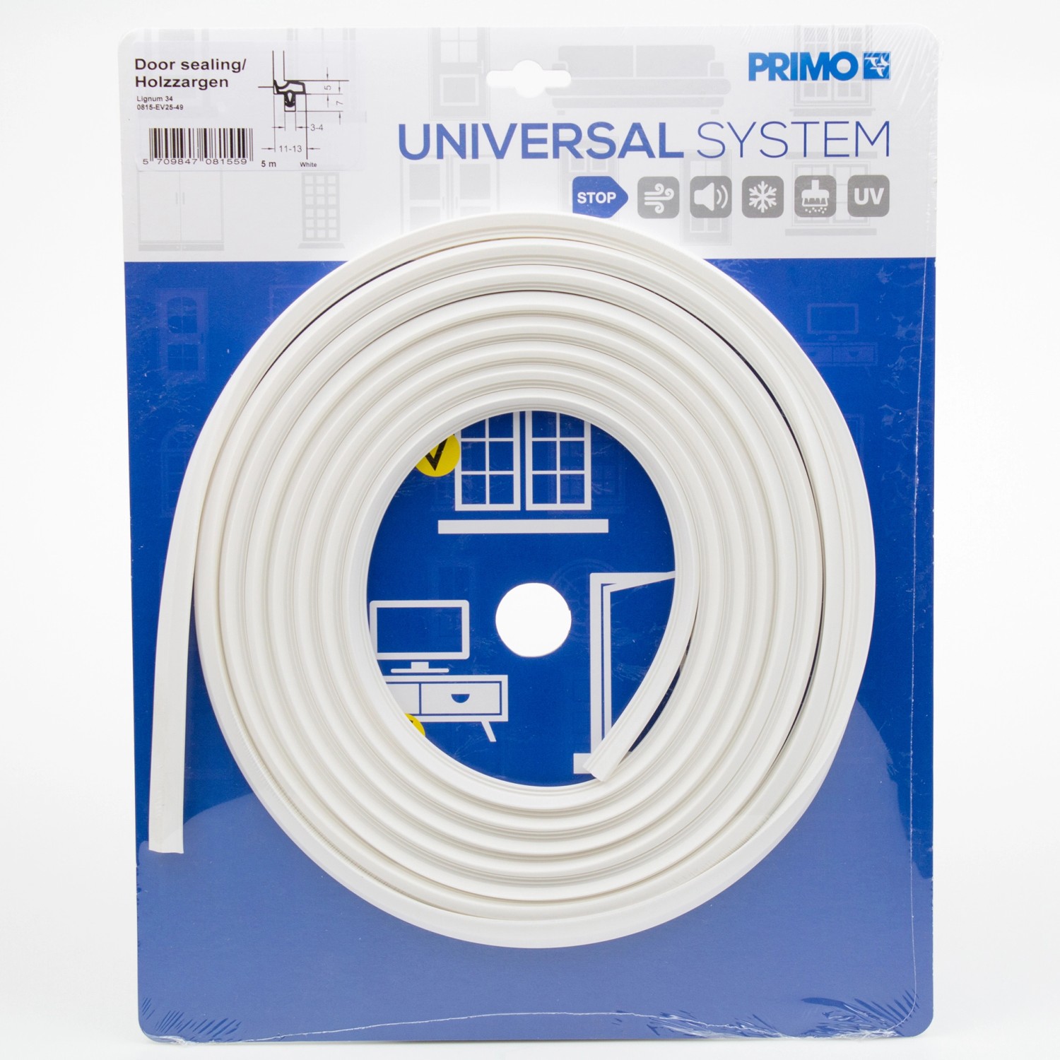 Primo Türdichtung Lignum 34, 3-4 mm x 5 m, Weiß, für Holzzargen. Dichtet Türen und Fenster.