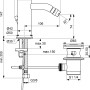 Technische Zeichnung der Ideal Standard Ceraline Bidetarmatur in Chrom mit Maßangaben.