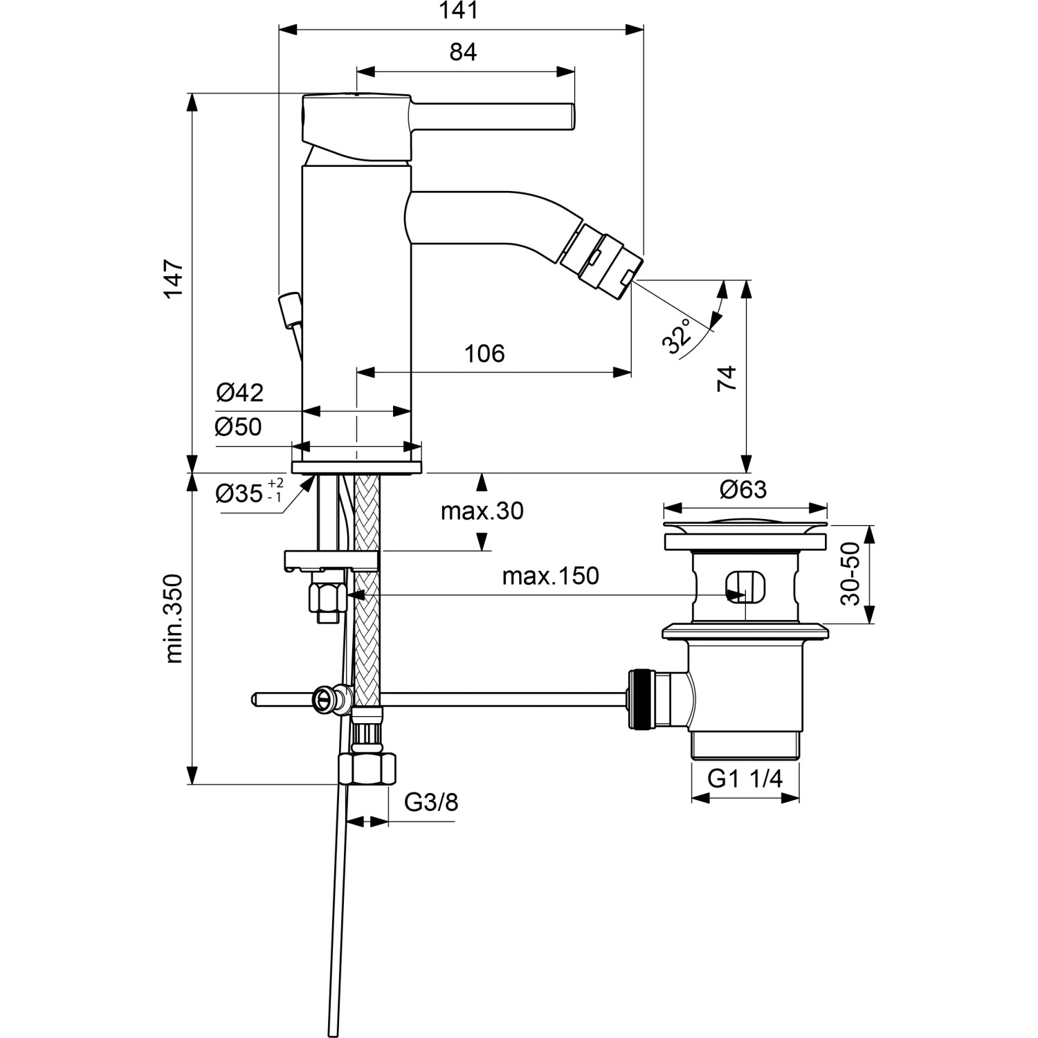 Technische Zeichnung der Ideal Standard Ceraline Bidetarmatur in Chrom mit Maßangaben.