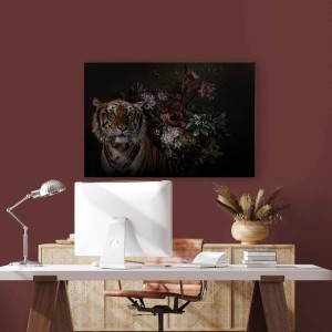 Wandbild Tiger mit Blumen, Leinwand in Schwarz und Lila. Ausgefallene Deko für Wohnzimmer und Schlafzimmer.
