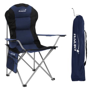 Blauer Hauki Campingstuhl, faltbar mit Getränkehalter und Tragetasche.