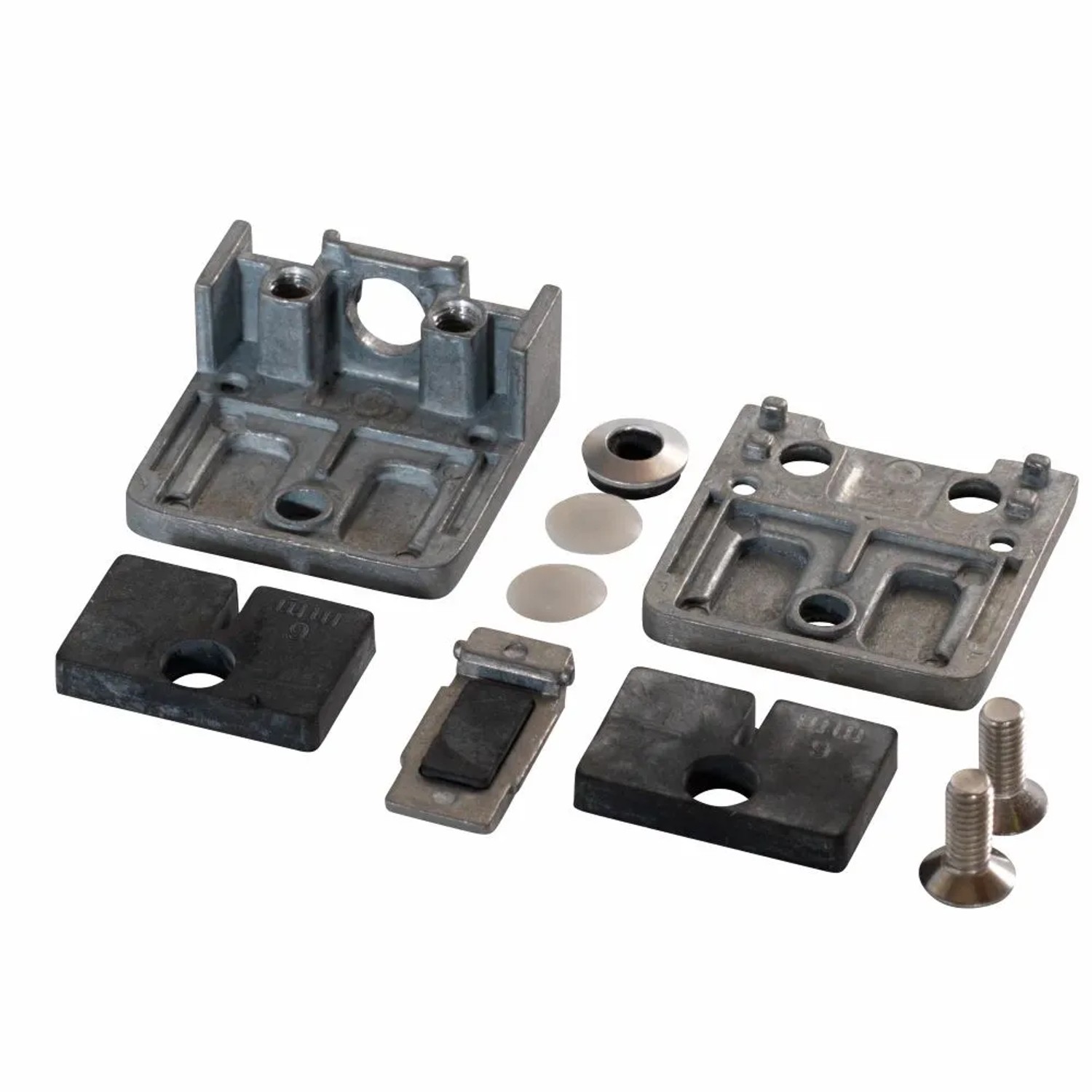 Set Glasbeschläge für Glaszaun: Metallhalterungen, schwarze Gummipads, Schrauben und Unterlegscheiben für Montage.