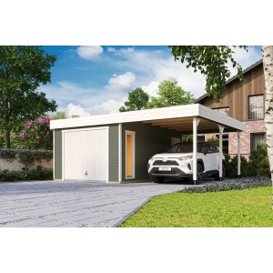 Lasita Garage Bahamas Set mit Carport, grau-grüne Holzgarage mit Schwingtor und PKW.