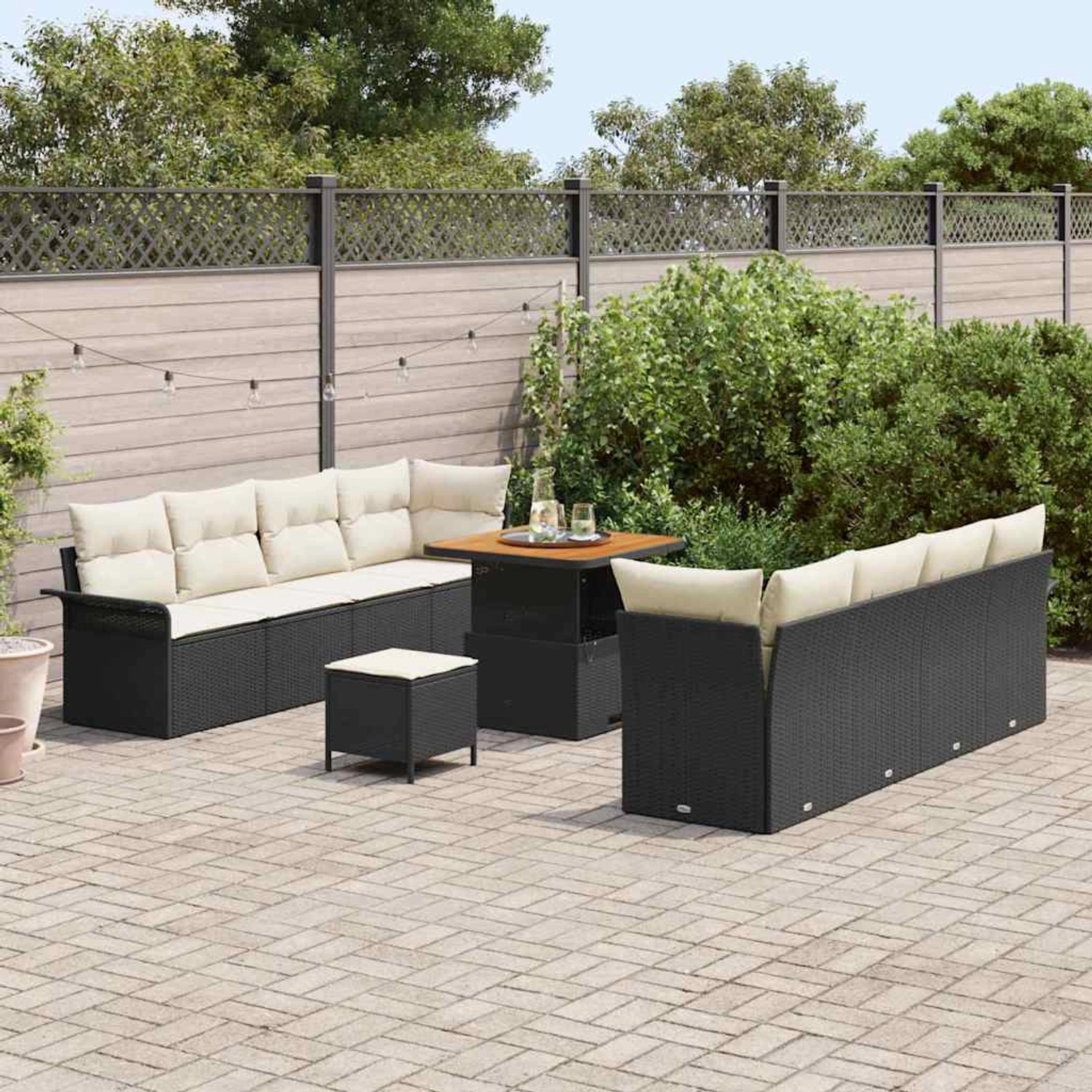vidaXL Garten-Sofa-Set, 11-teilig, schwarz, Poly Rattan, mit Tisch und Hockern für den Garten.
