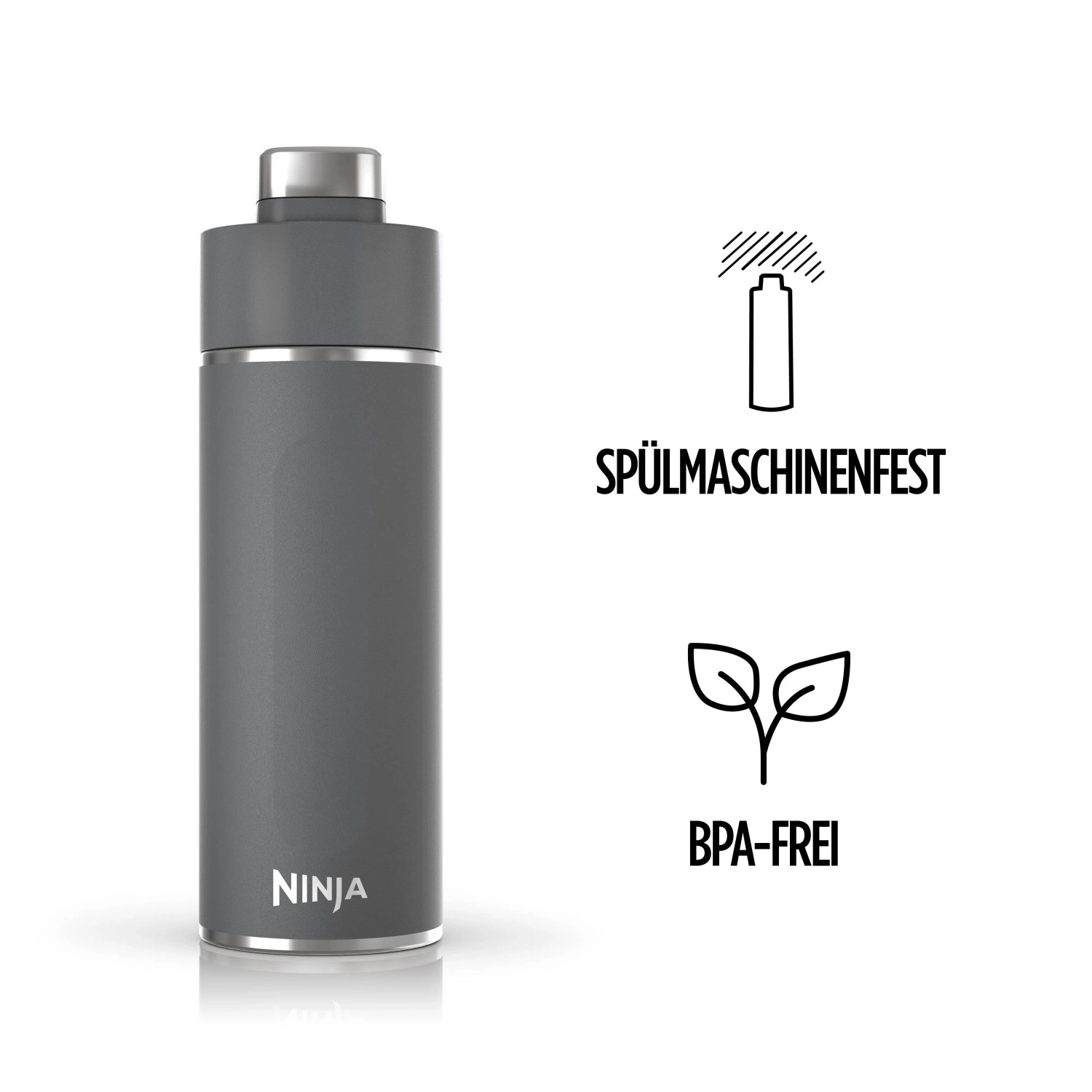 Graue Ninja Thirsti Trinkflasche, 530ml, spülmaschinenfest und BPA-frei.