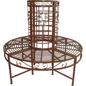 Bronzefarbene Baumbank aus Metall, kunstvoll gestaltet für den Garten.