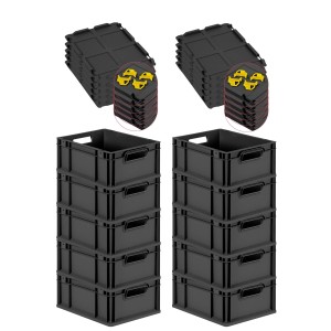 PROREGAL SuperSparSet: 10 schwarze Euroboxen mit Scharnierdeckel und gelben Verschlüssen, 16 Liter.