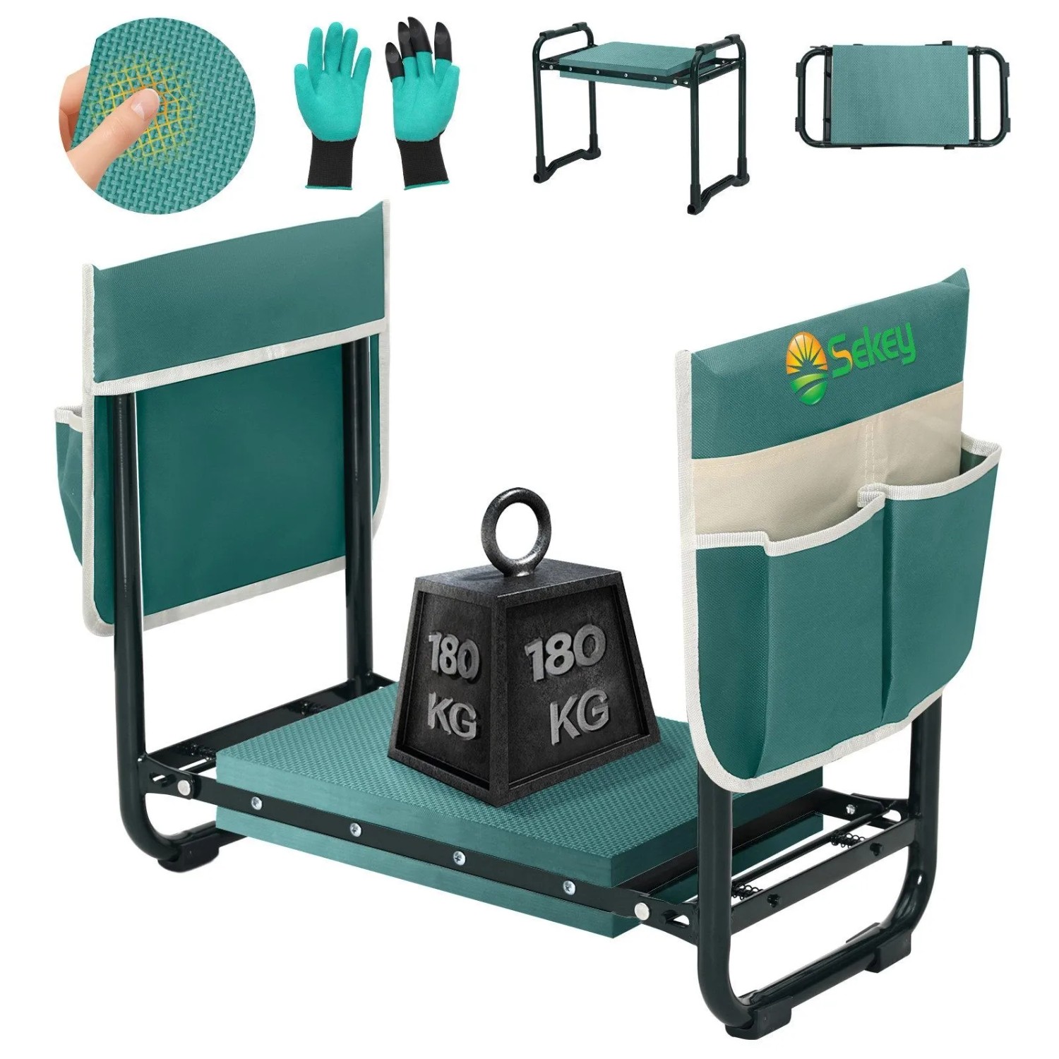 Sekey Kniebank Höhenverstellbar Kniebank Garten bis 180kg Gartenhocker Gartenarbeit Kniekissen 36x20,5cm mit Werkzeugtaschen Handschuhe mit Krallen