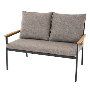Siena Garden 2er-Bank Liguria Comfort Plus mit Kissen, anthrazitfarbenem Gestell und Teakholz-Armlehnen.