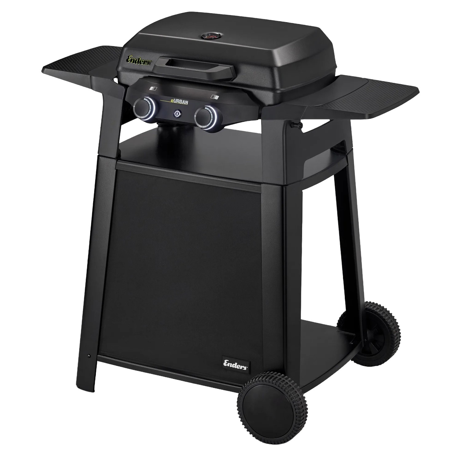 Schwarzer Enders Elektrogrill eUrban 2 mit Trolley und Seitenablagen.