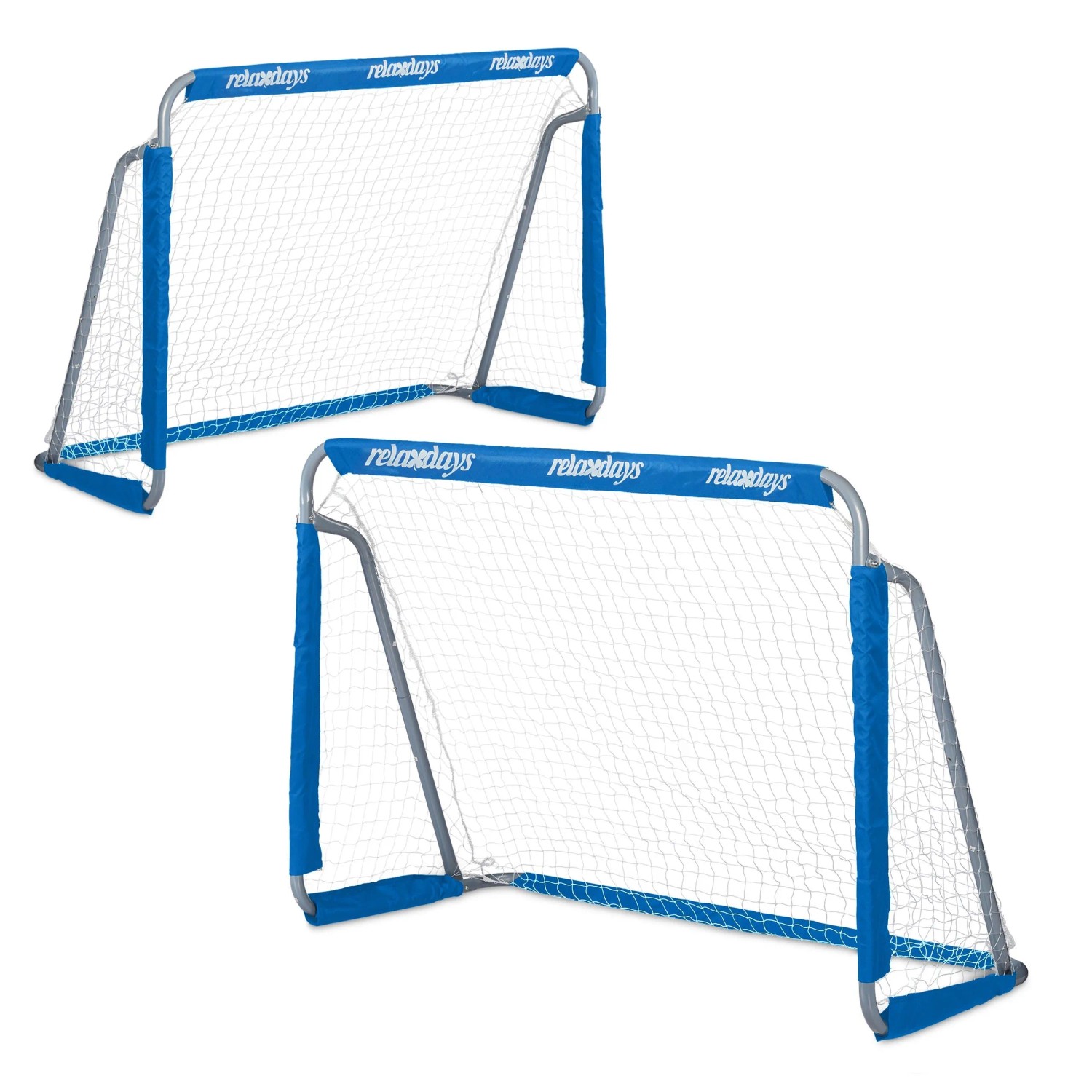 Relaxdays Fußballtore 2er Set Eisen Polyester Blau Stabil mit Heringen 110 cm x 150 cm x 75 cm 5,8 kg