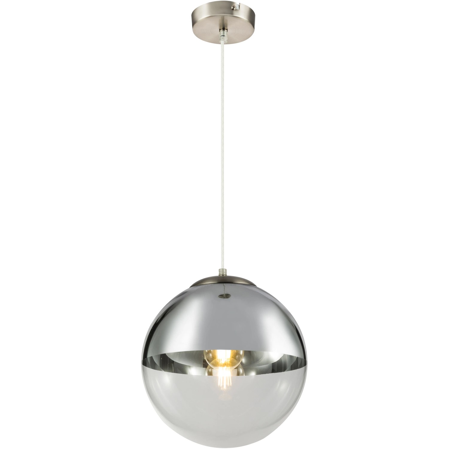 Moderne Globo Pendelleuchte Varus mit nickel-mattem Glasschirm.
