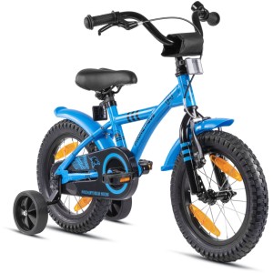 PROMETHEUS BIKES Kinderfahrrad 14 Zoll ab 4 Jahre mit Stützrädern und Rücktrittbremse Blau