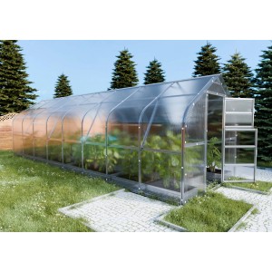 Großes Klasika Drop Gewächshaus 20m² mit Polycarbonat-Abdeckung im Garten.