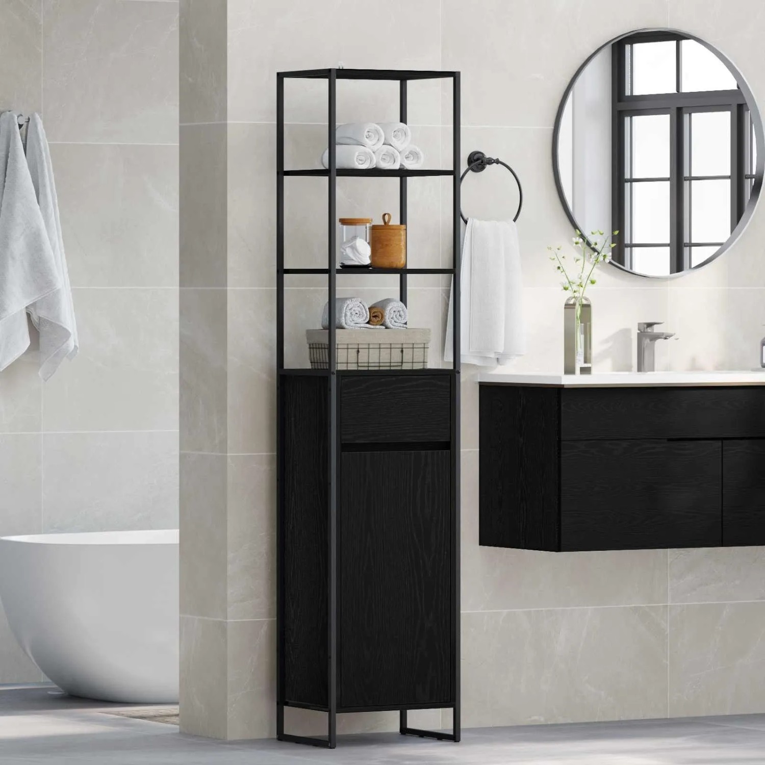 VidaXL Bad-Hochschrank in Schwarz Eichen-Optik, 40x30x180 cm, mit Tür und offenen Regalen.