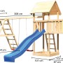 Karibu Spielturm Lotti mit Doppelschaukel, Klettergerüst und blauer Rutsche aus naturbelassenem Holz.