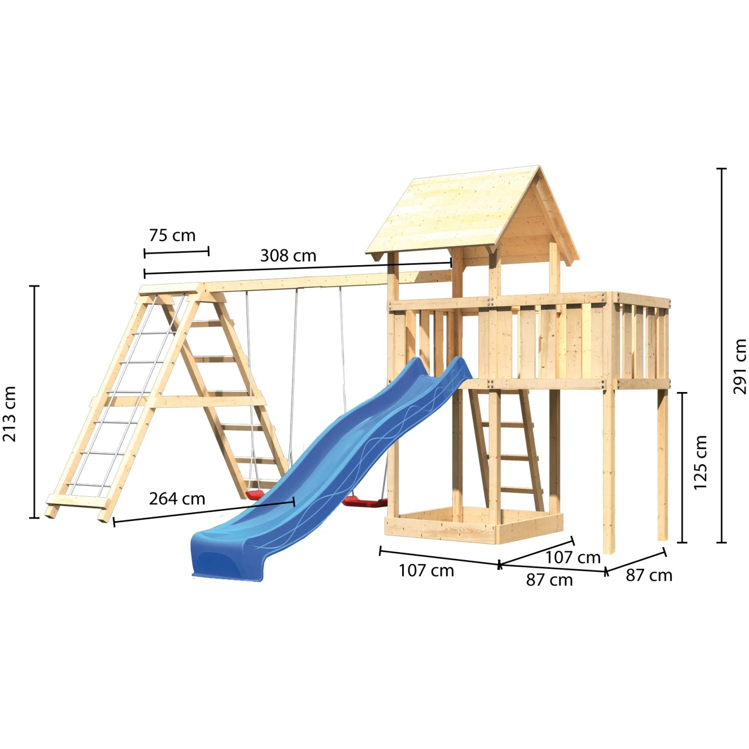 Karibu Spielturm Lotti mit Doppelschaukel, Klettergerüst und blauer Rutsche aus naturbelassenem Holz.
