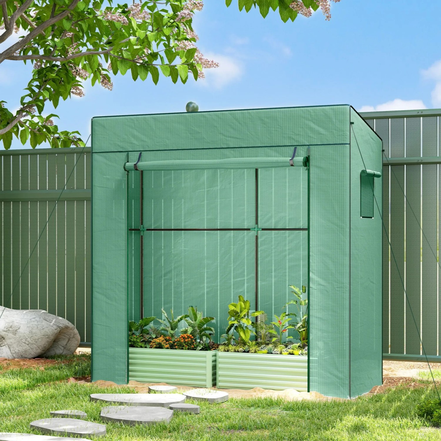 Furnicato Tomatengewächshaus Foliengewächshaus Mit Rolltor Mesh-fenster Schrägdach 196 X 77 X 197 Cm Grün_2