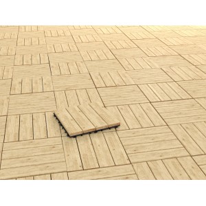 Verlegte Klickfliesen aus Lärche, 30x30 cm, für Terrasse und Balkon.
