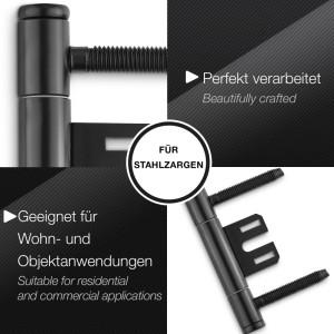 Schwarzes SOTECH 3-teiliges Türband aus pulverbeschichtetem Stahl, Ø15 mm, für Stahlzargen, mit Schrauben.