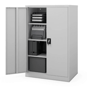 Grauer DELUKE Aktenschrank KADO mit 4 Ebenen, abschließbar, für Büro, Werkstatt oder Lager.