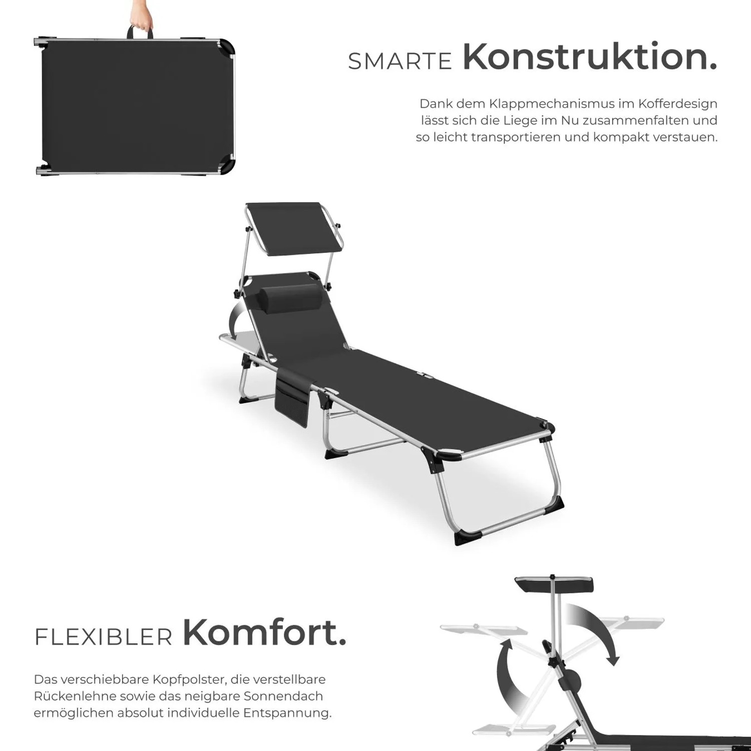 Tectake Aluminium Sonnenliege Aurelie Klappbar  Mit Kopfkissen Wetterfest und Uv Beständig  218 x 60 x 33 50 cm Schwarz_3