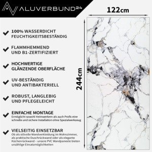 Aluverbund24 PVC Wandpaneel Arabescato-White in Marmoroptik, 122x244cm, hochglänzend.
