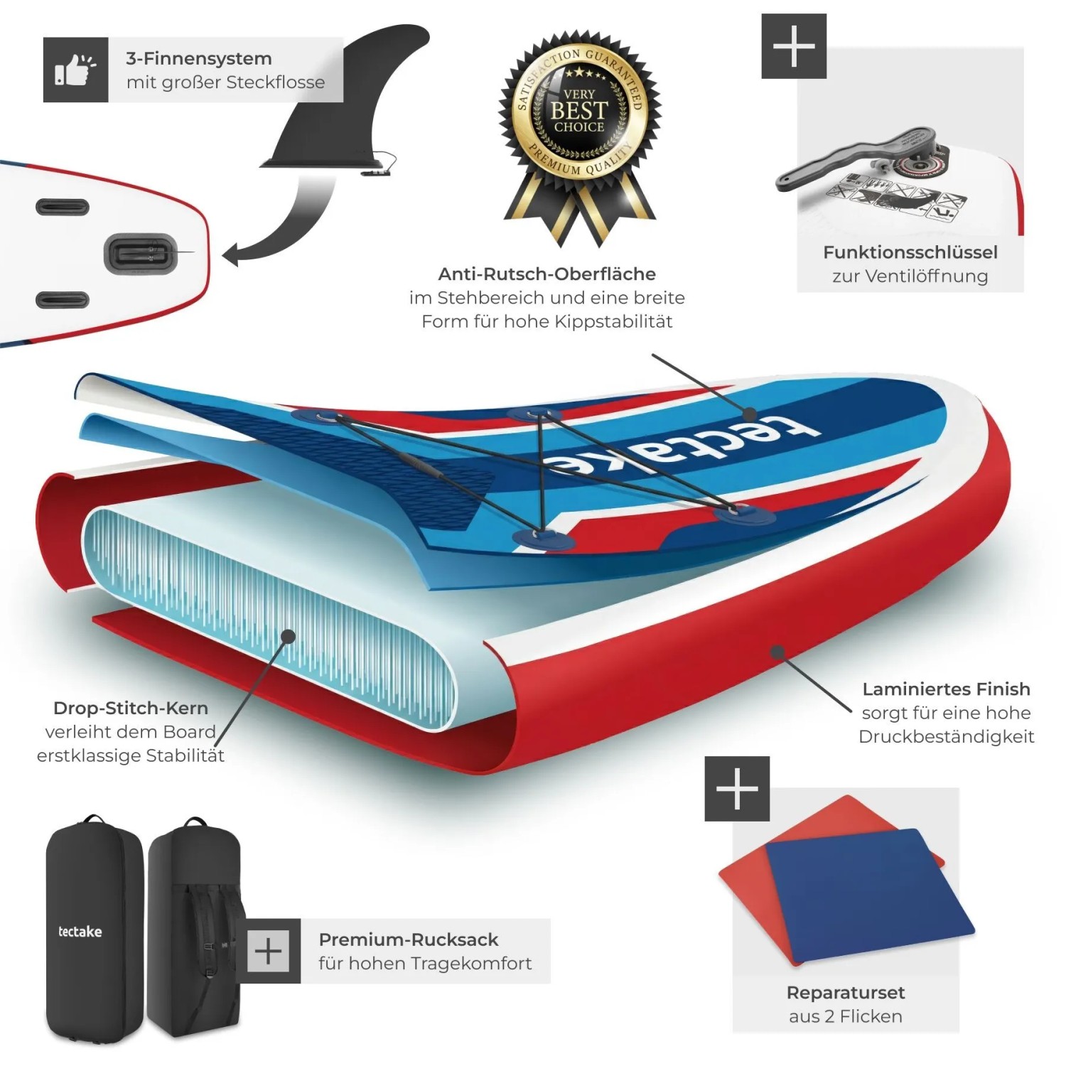 Tectake Stand Up Paddle Board Poseidon, rot-blau, aufblasbar, mit Drop-Stitch, 3 Finnen, Rucksack und Reparaturset.