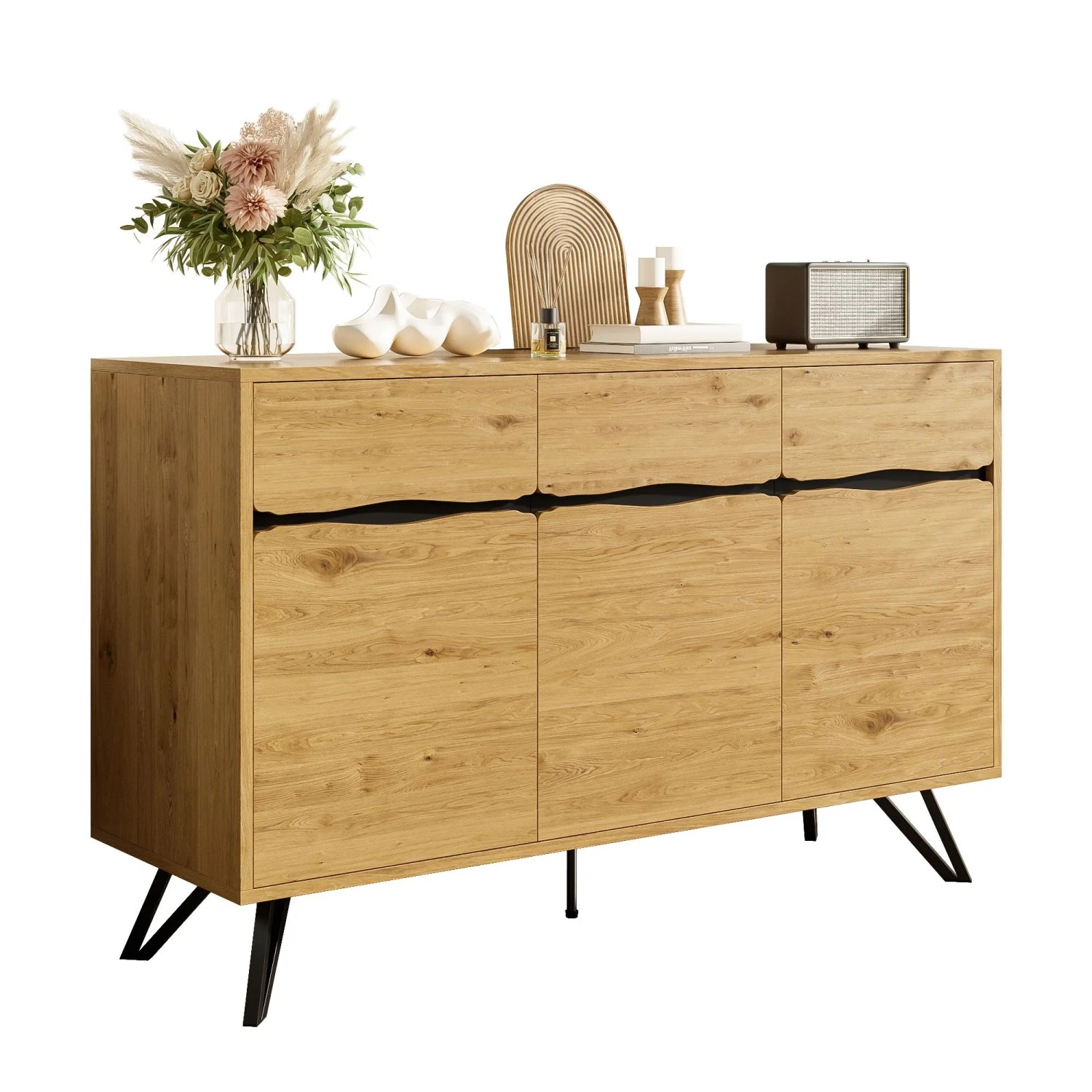 Okwish Sideboard Mit 3 Türen Metallbeinen Stauraum 140x40x75cm Natur