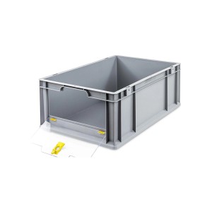 Graue PROREGAL Eurobox mit transparentem Deckel und gelbem Verschluss, 44 Liter. Ideal zur Aufbewahrung und Transport.