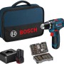 Bosch Professional GSR 12V-15 Akku-Bohrschrauber mit Akkus, Ladegerät und 43-teiligem Bit-Set in Tasche.