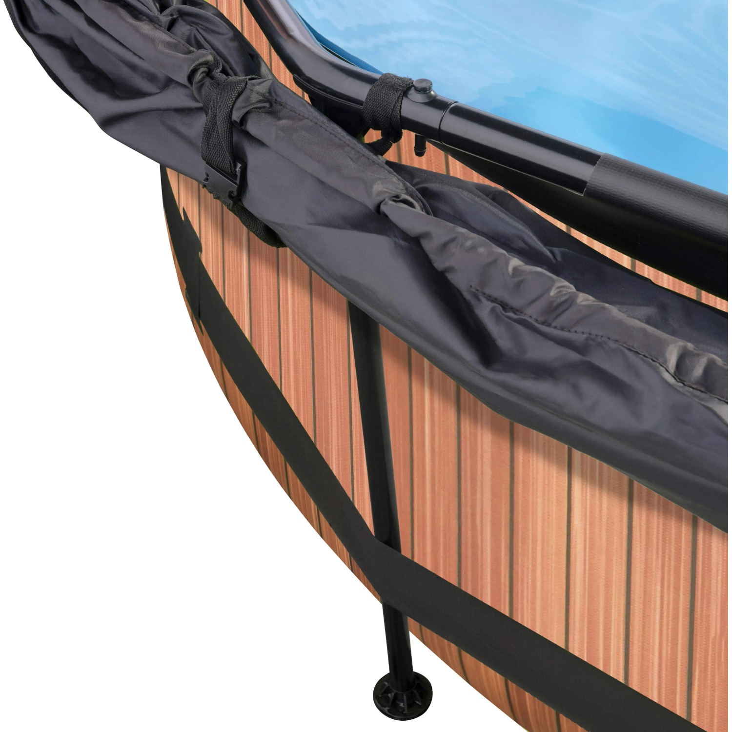 Detailansicht: EXIT Wood Pool ø 300 cm mit Sonnensegel und Stahlrahmen.