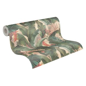 PROFHOME Vliestapete mit Dschungel-Motiv in Beige, Grün, Rosa und Rot.