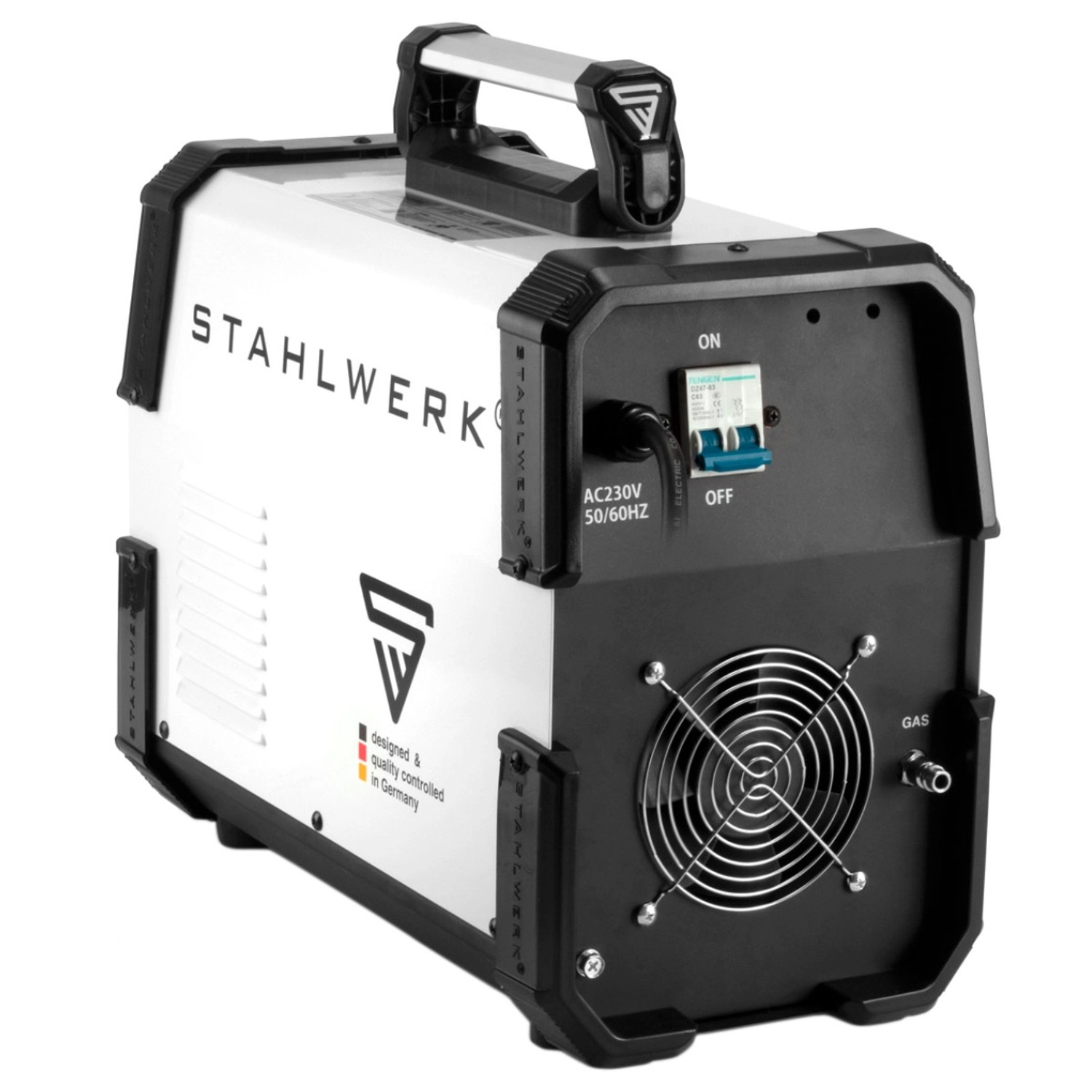 STAHLWERK AC/DC WIG 200 Puls ST IGBT Schweißgerät in Weiß/Schwarz mit Tragegriff.