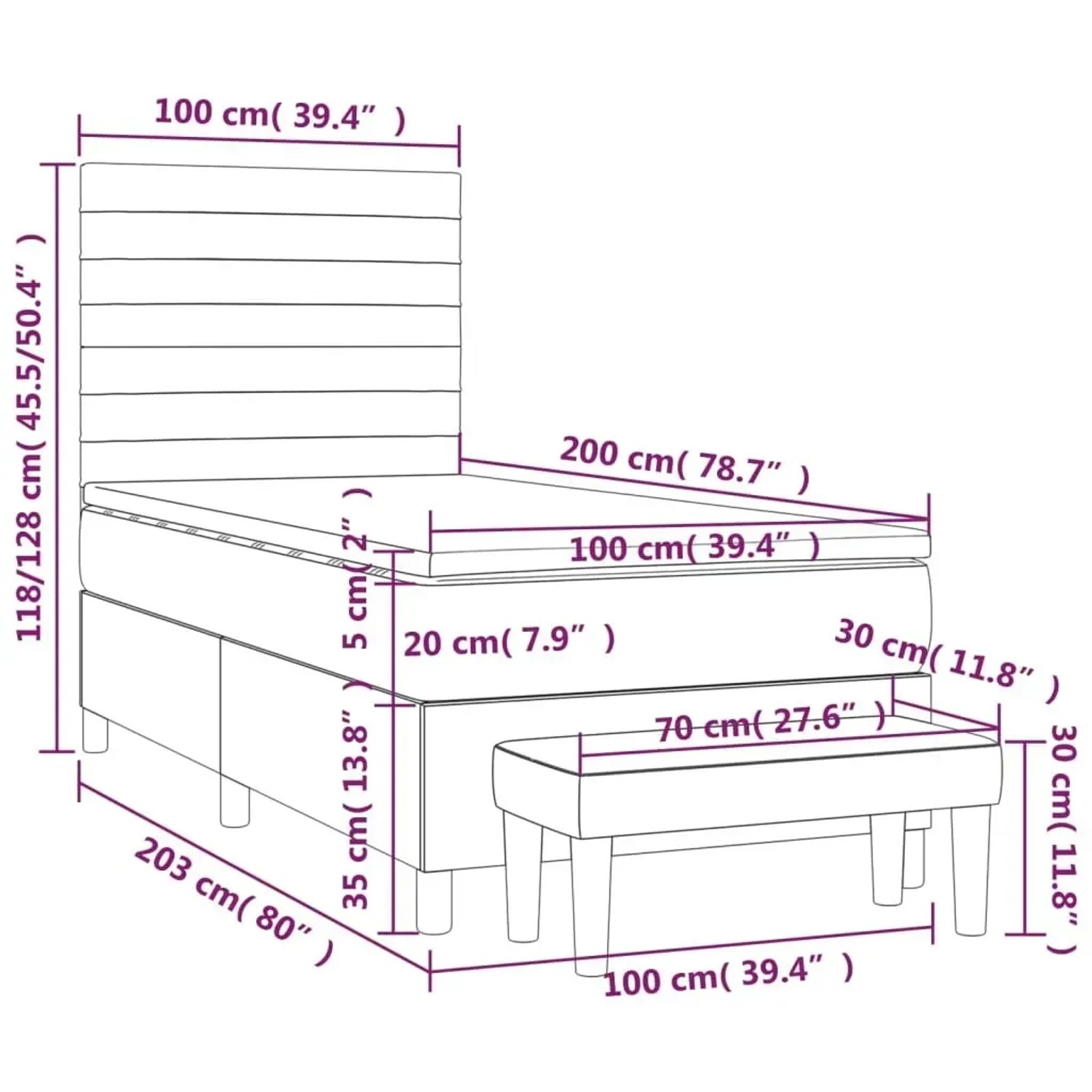 vidaXL Boxspringbett Taupe 100x200 cm mit Matratze und Bank, Maße siehe Bild.