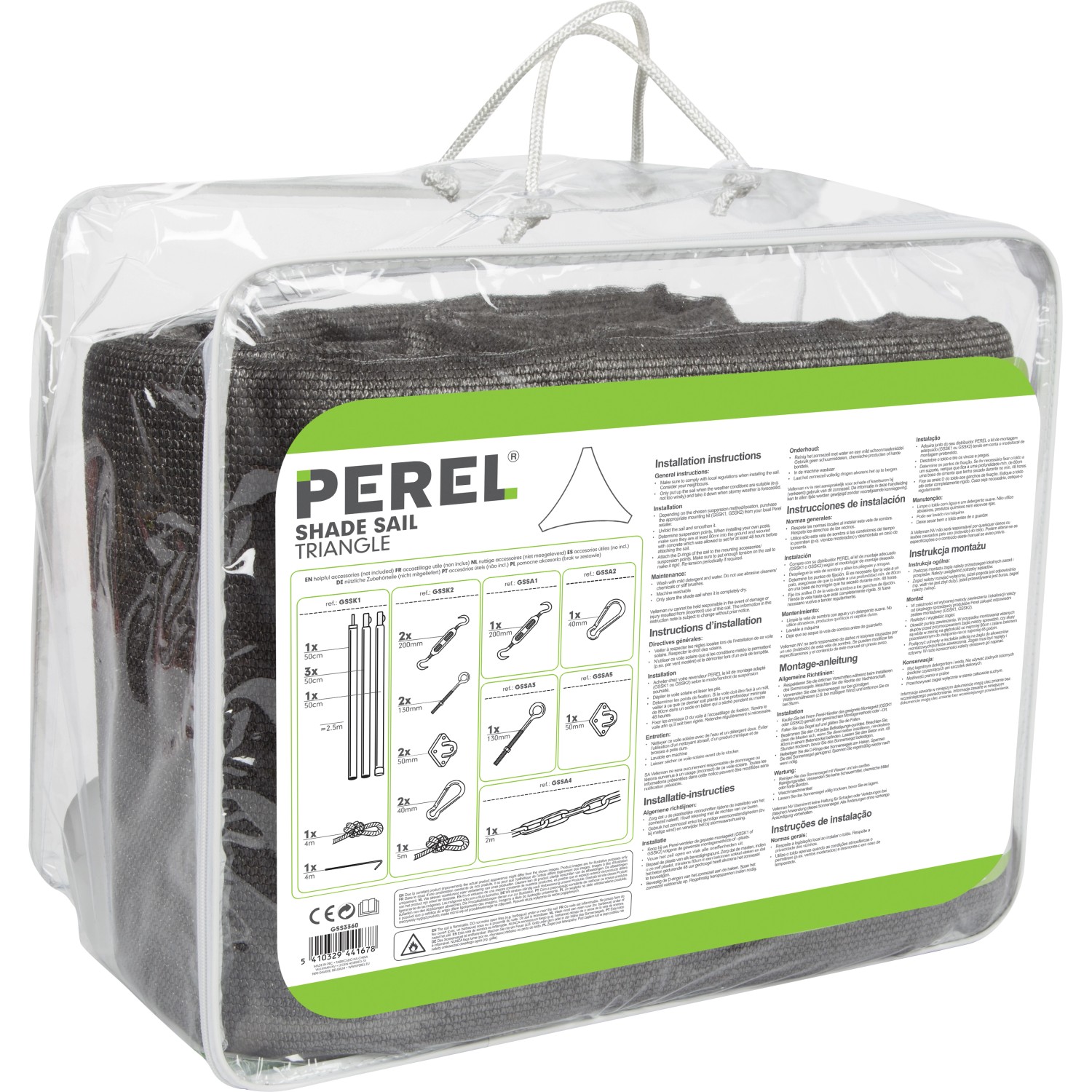 Perel Dreieck Sonnensegel, wasserdurchlässig, 3,6m, dunkelgrau, verpackt.