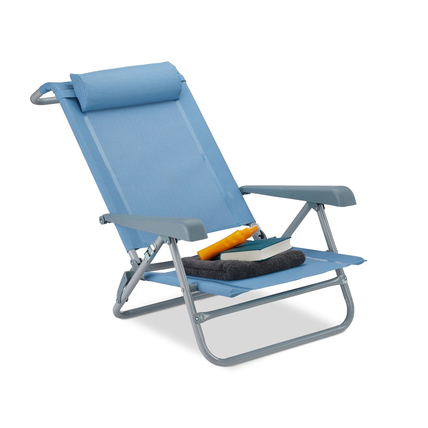 Relaxdays Liegestuhl Stahl Blau Klappbar 8-fach Verstellbar mit Nackenkissen 76,5 cm x 58 cm x 80 cm 3,9 kg