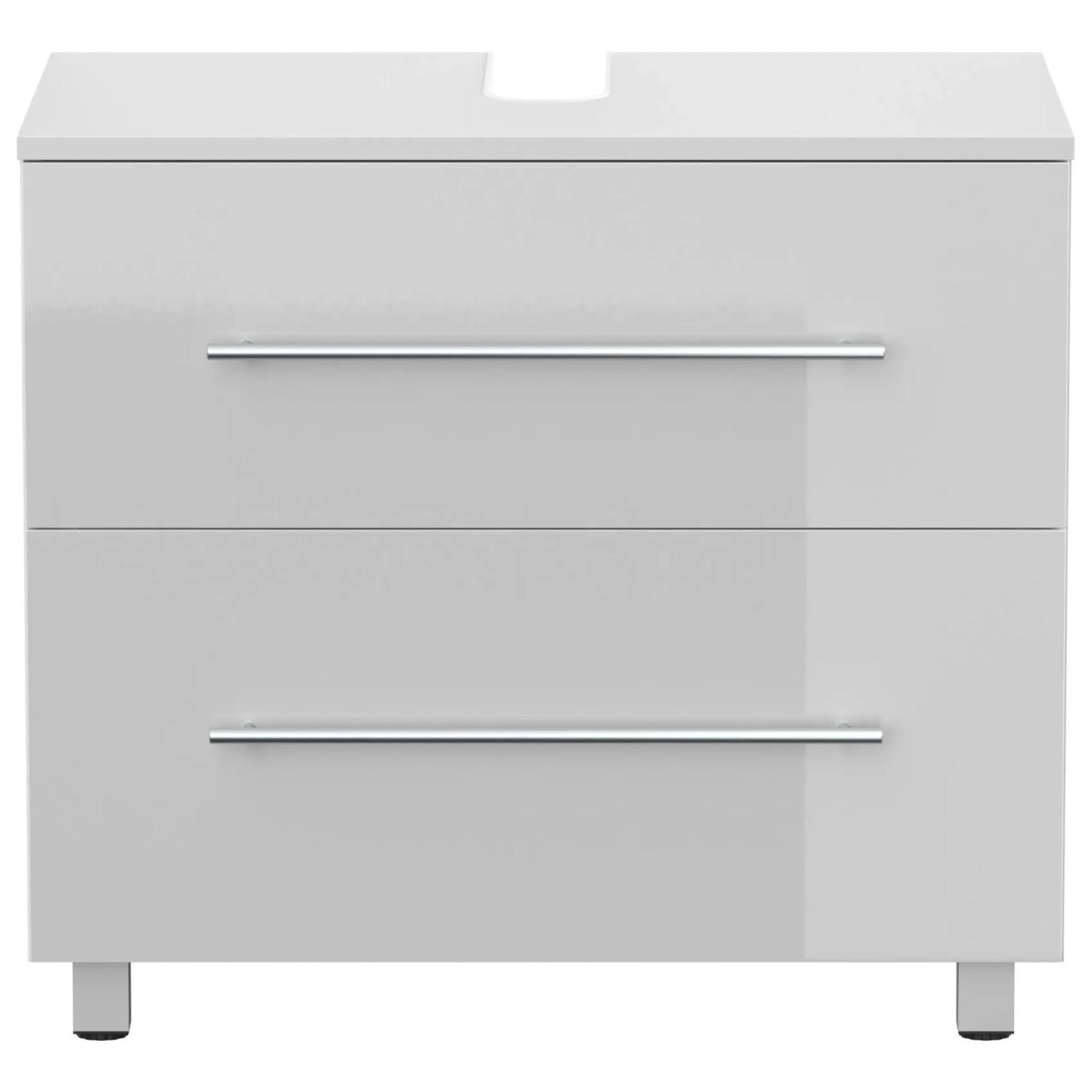 Posseik Bad-Einbauschrank Mondial Universal, 70 cm, Weiß Hochglanz mit zwei Schubladen und Standfüßen.