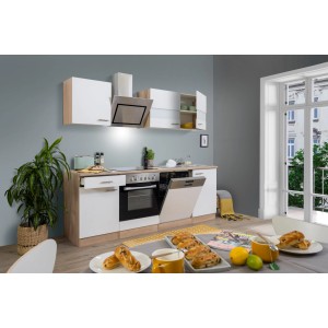 Respekta Economy Küchenzeile KB220ESWSC in Weiß-Eiche Sägerau mit E-Geräten.