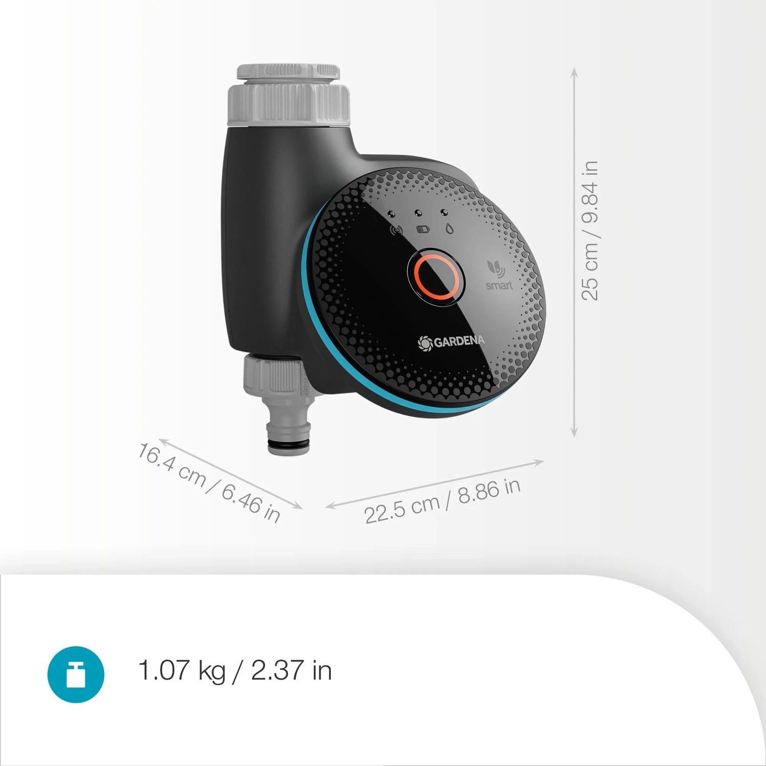 Gardena Smart Sensor Control Set Bewässerungscomputer mit Maßen und Gewicht.