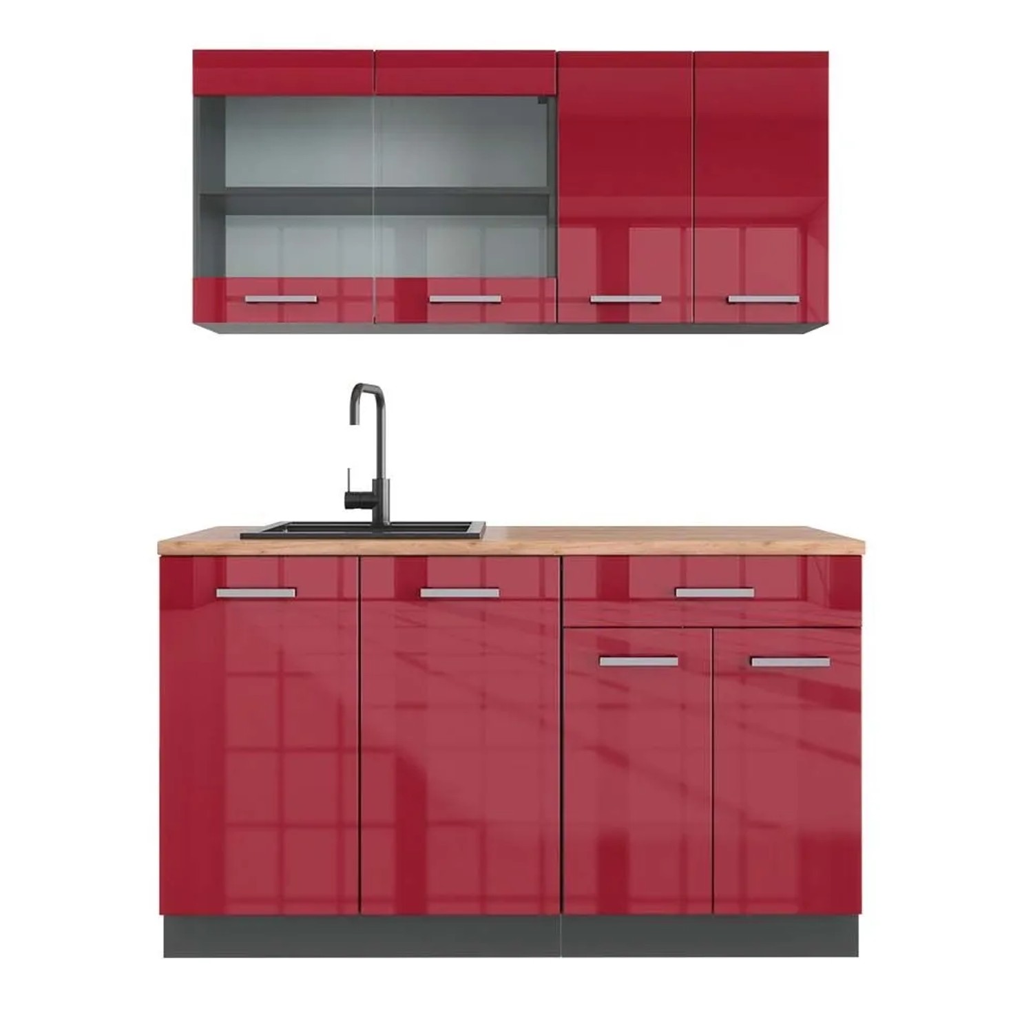 Vicco R-Line Singleküche Bordeaux Hochglanz Anthrazit 140 cm AP Eiche ohne E-Geräte