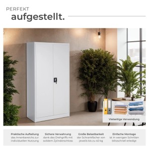 Grauer Tectake Spind aus Stahl mit zwei Flügeltüren und Zylinderschloss.