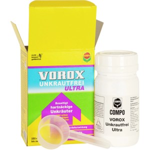 Compo Vorox Unkrautfrei Ultra: Packung, Flasche und Messlöffel des Unkrautvernichters.