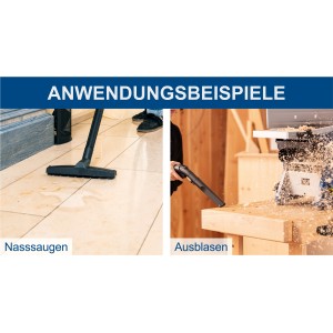 Anwendungsbeispiele: Scheppach SprayVac 20 Nass- & Trockensauger beim Nasssaugen und Ausblasen.